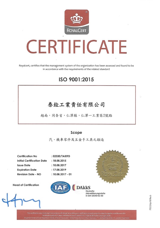 ISO 9001-2015 - Công Ty Trách Nhiệm Hữu Hạn Công Nghiệp TAI-TECH